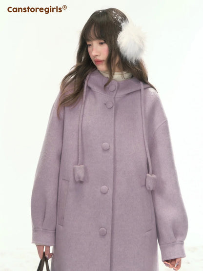 “Soft Mist Tulip” Purple Long Hooded Wool Coat WW2025446