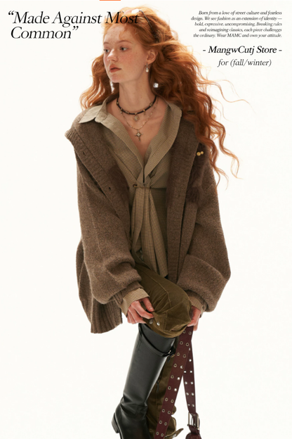 MAMC - Vintage Brown Cat Silhouette Hooded Knit Cardigan