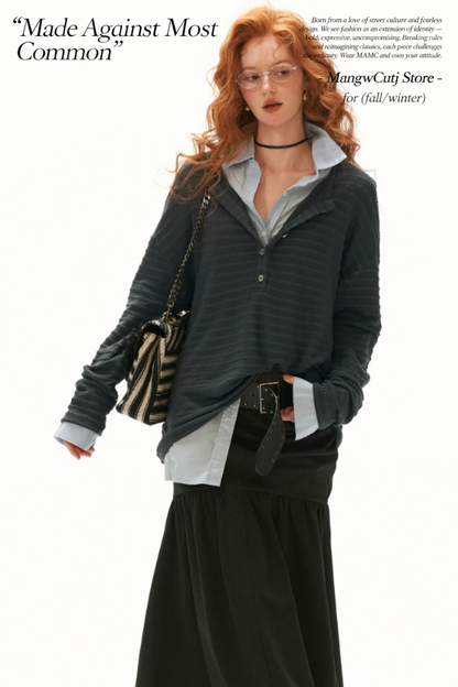 MAMC - Gray Textured Sheer Henley Long Sleeve Top