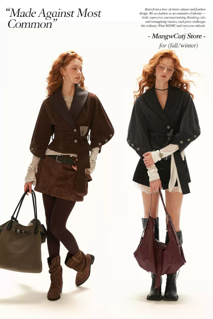 MAMC - Brown Faux Suede Cropped Jacket with Leather-Look Lapels and Belt