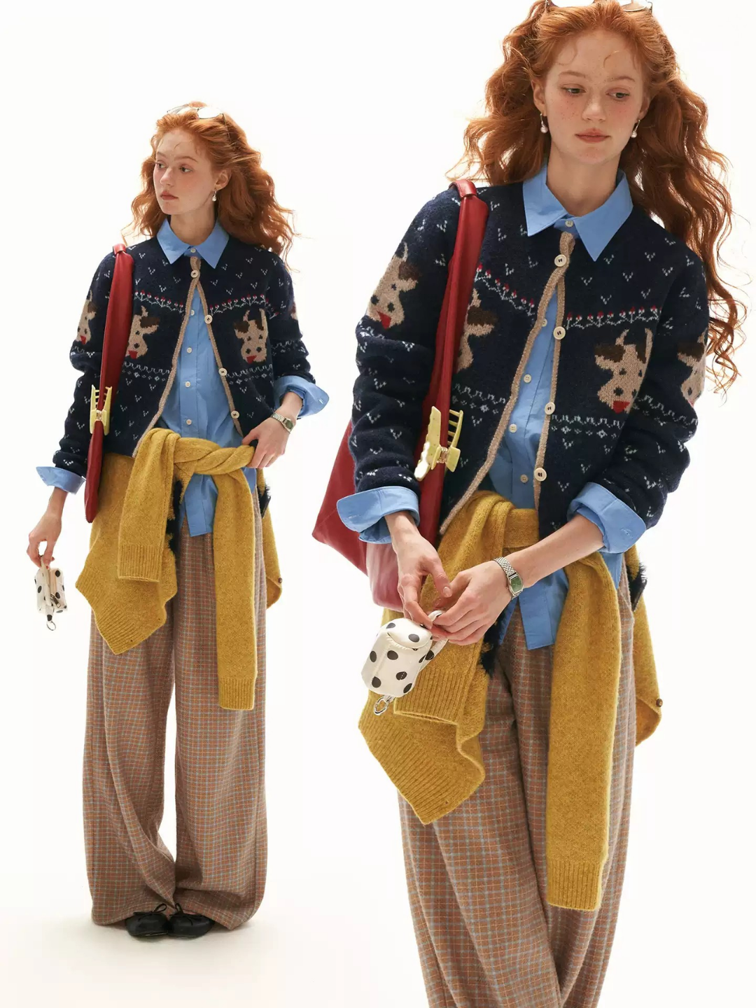MAMC - Blue Fair Isle Cow Jacquard Cropped Knit Cardigan