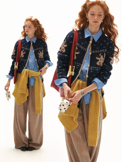 MAMC - Blue Fair Isle Cow Jacquard Cropped Knit Cardigan