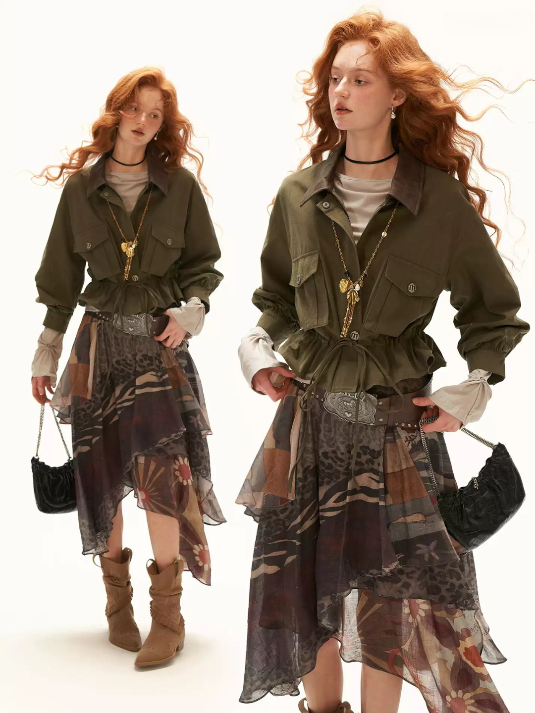 MAMC - Military Green Textured Snowflake-Fleece Utility Jacket with Faux Leather Collar