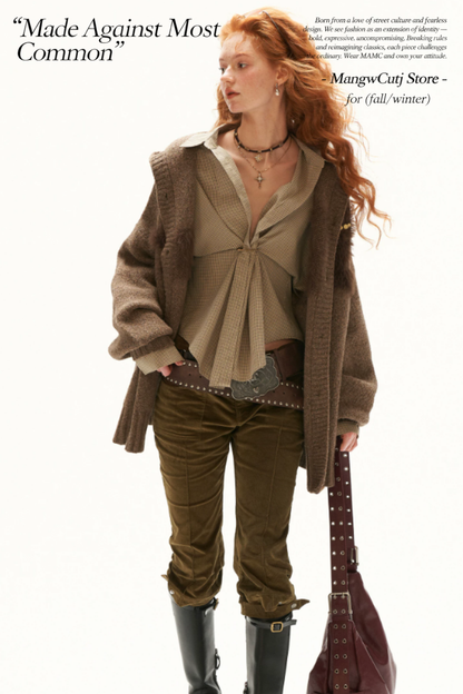 MAMC - Vintage Brown Cat Silhouette Hooded Knit Cardigan