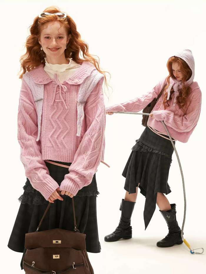 MAMC - Pink Cable Knit Sweater with Detachable Hooded Shoulder Cape