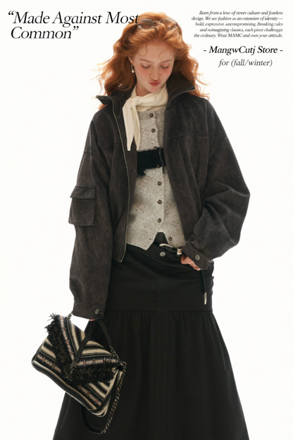 MAMC - Gray Faux-Horsehair Textured Cropped Jacket with Metal Snap Collar
