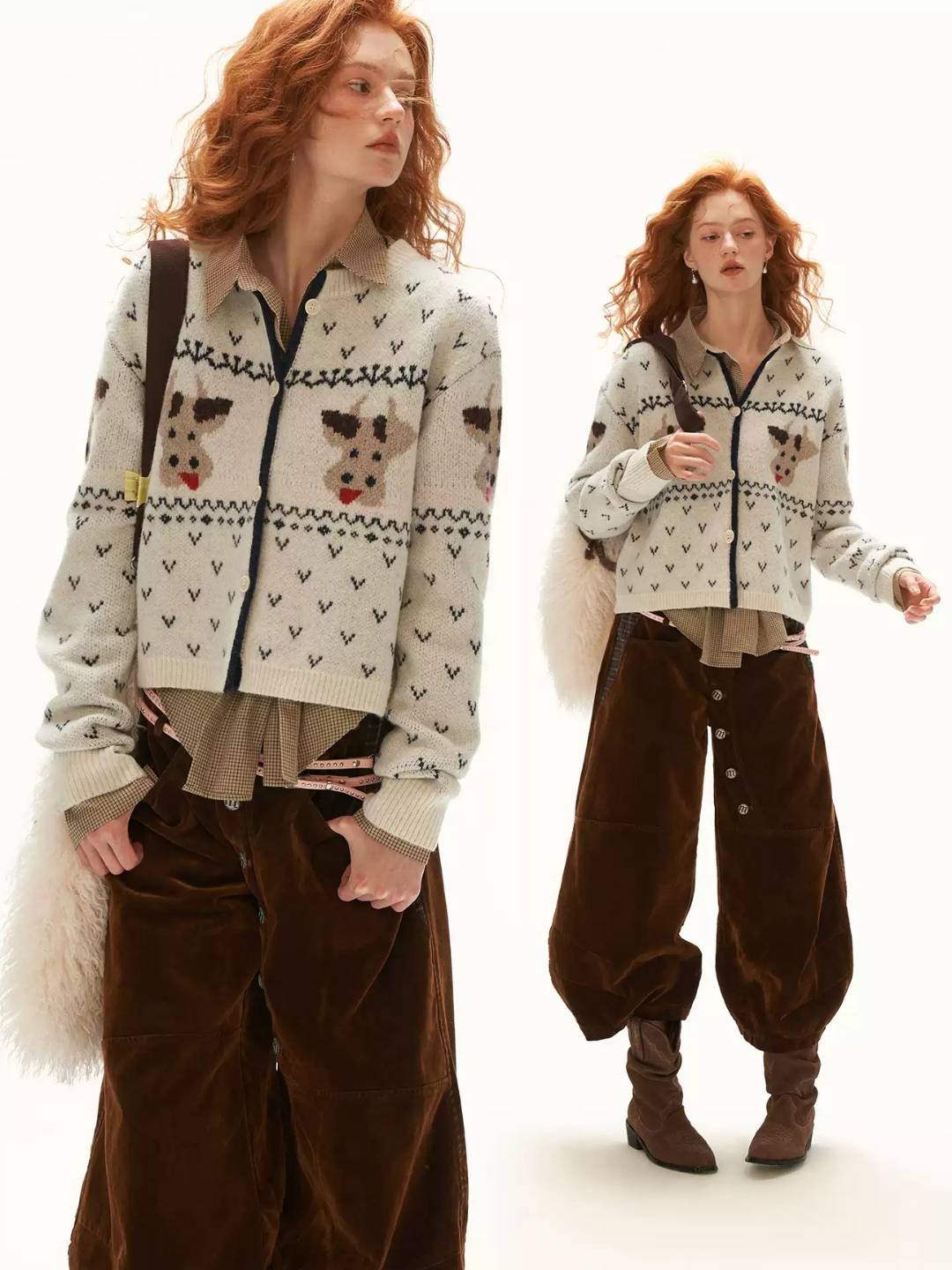 MAMC - White Fair Isle Cow Jacquard Cropped Knit Cardigan