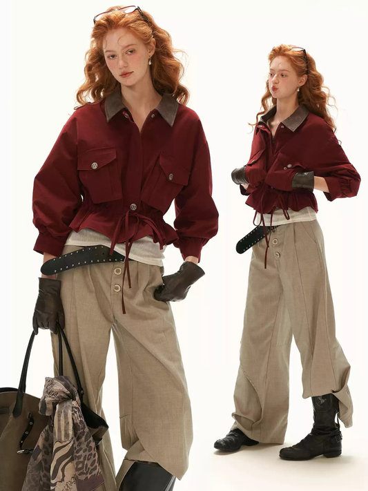 MAMC - Red Textured Snowflake-Fleece Utility Jacket with Faux Leather Collar