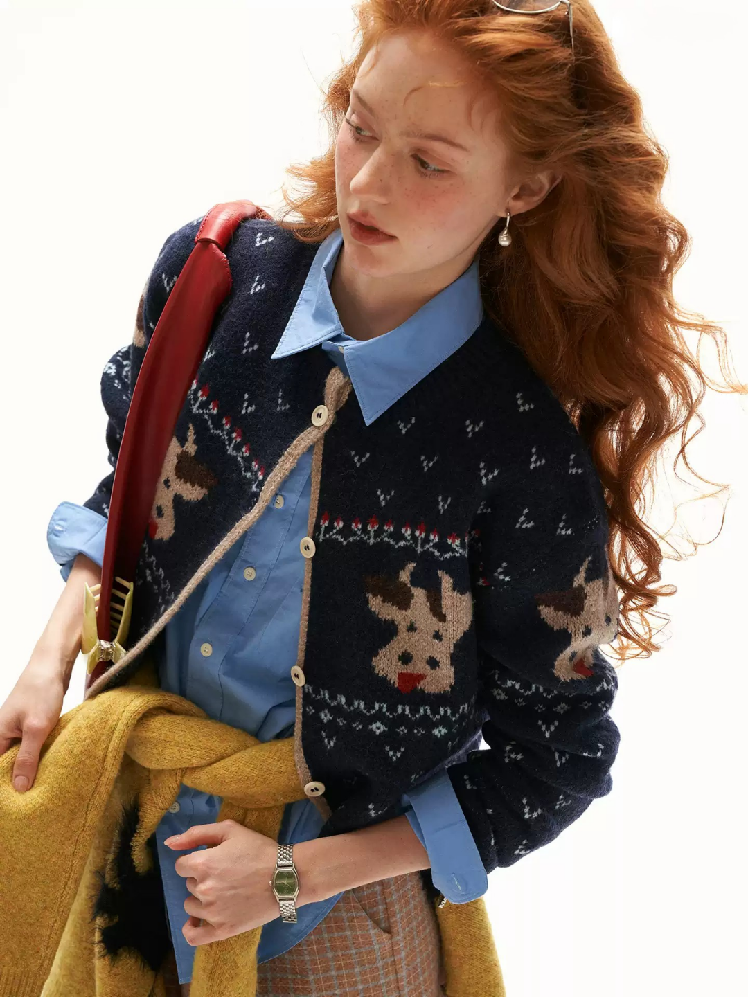 MAMC - Blue Fair Isle Cow Jacquard Cropped Knit Cardigan