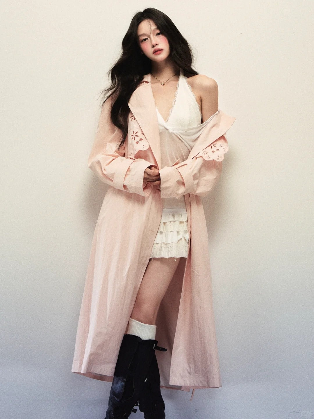 1P - Blossom Whisper Detachable Lace Trench Coat