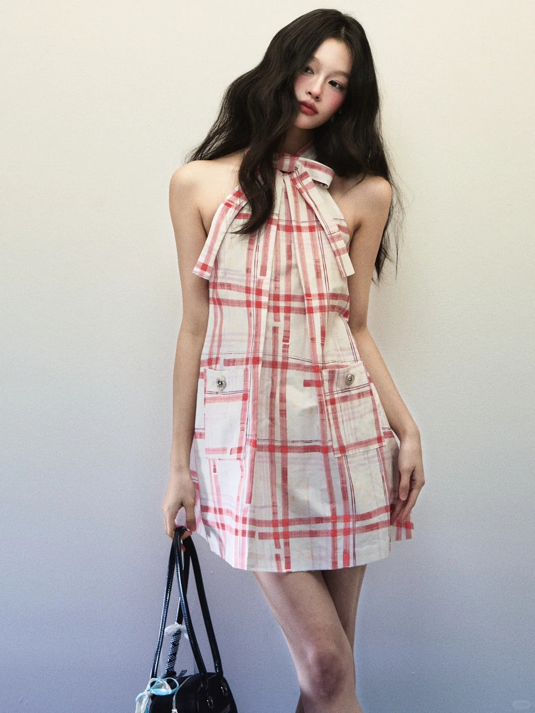1P - “LALISA” Cherry Plaid Halter Bow Cotton Mini Dress