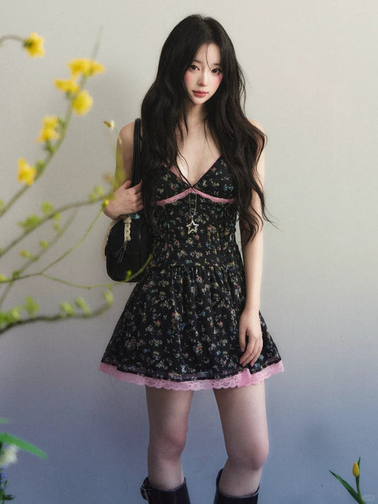 Midnight Floral Lace Trim Mini Dress
