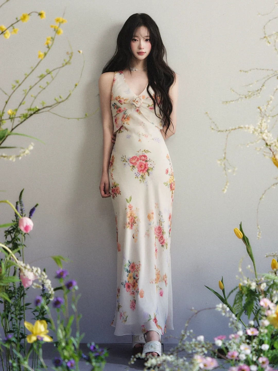“Vintage Petal Muse” Floral Chiffon Maxi Dress