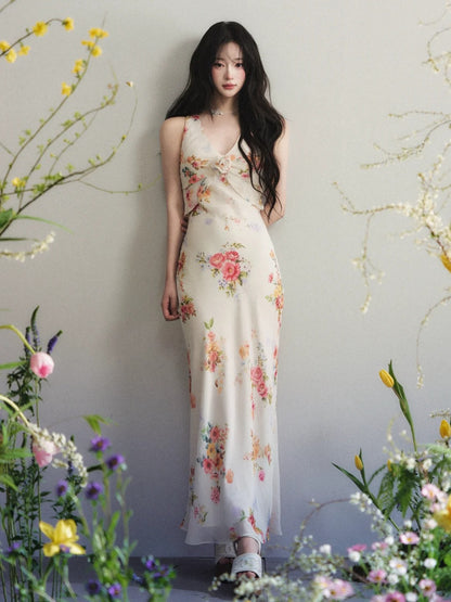 “Vintage Petal Muse” Floral Chiffon Maxi Dress