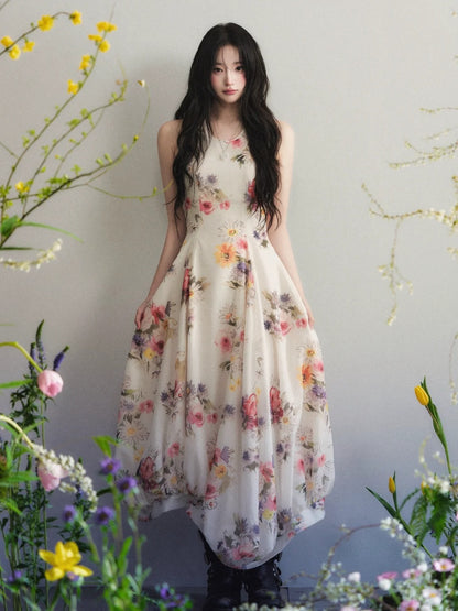 “Apricot Bloom Reverie” Floral Halter Maxi Dress