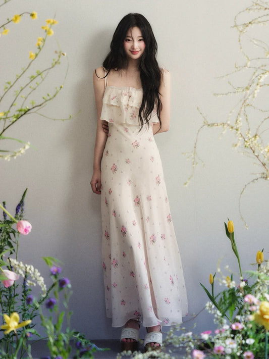 “Apricot Watercolor Bloom” Lace Trim Maxi Dress