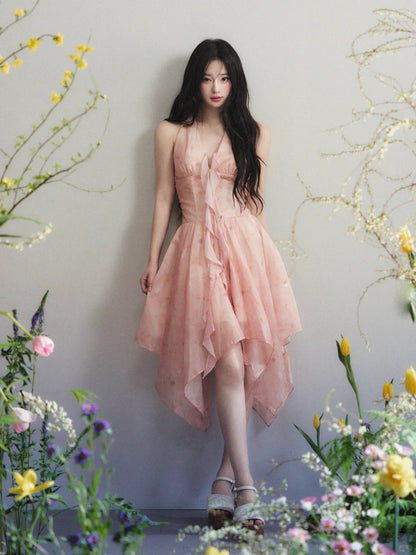 “Peach Blush Mirage” Watercolor Ruffle Mini Dress