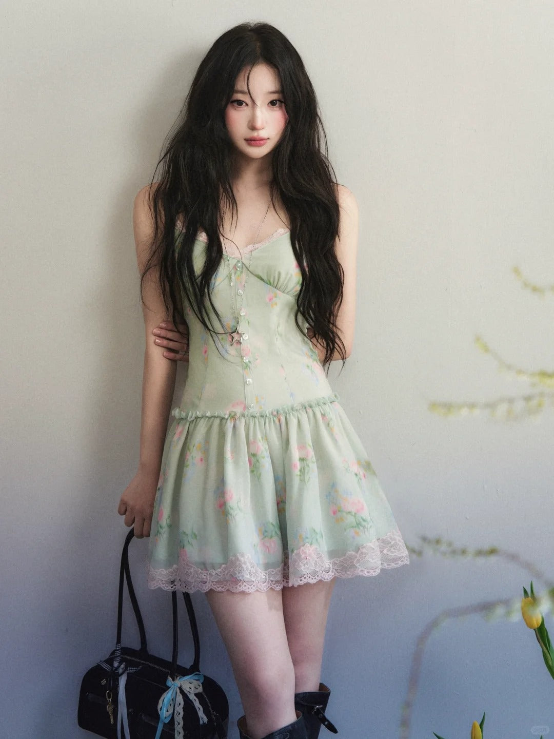 “Mint Petal Diary” Floral Lace Trim Mini Dress