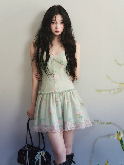 “Mint Petal Diary” Floral Lace Trim Mini Dress