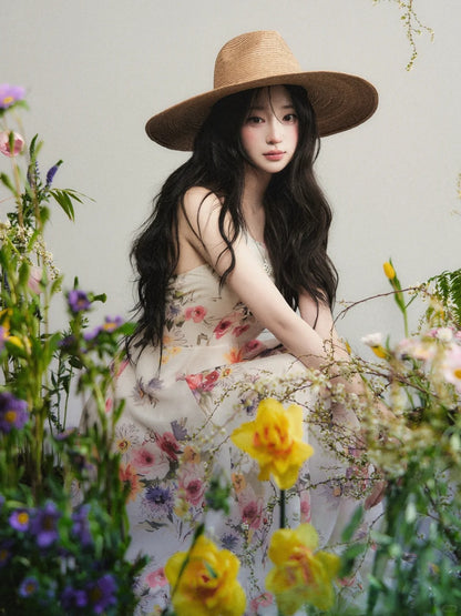 “Apricot Bloom Reverie” Floral Halter Maxi Dress