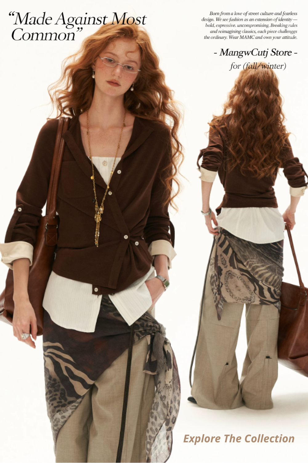 MAMC - Textured Wrap-Front Henley Waist-Defined Cardigan Top (Red / Brown)