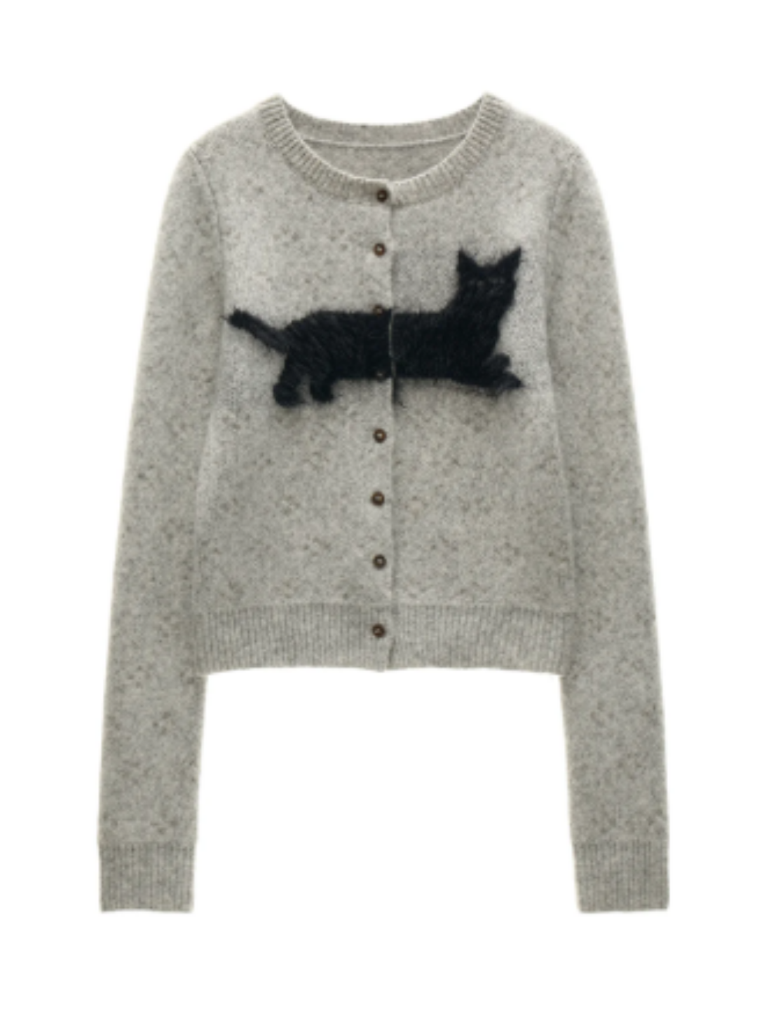 MAMC - Gray Fluffy Black Cat Jacquard Cropped Knit Cardigan