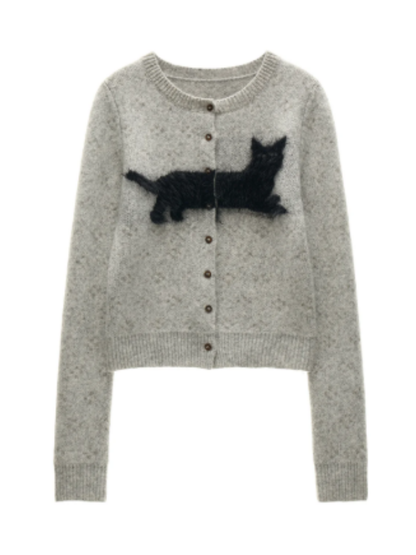 MAMC - Gray Fluffy Black Cat Jacquard Cropped Knit Cardigan