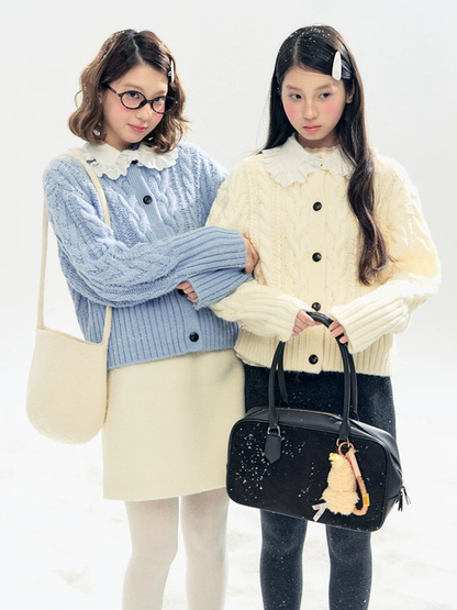 Horridale - "Cotton Mousse" Cable Knit Cardigan with Detachable Ruffle Collar (Cotton Blue/ Soft White)