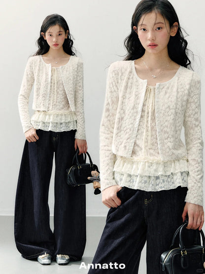ANNATTO - Beige Apricot Faux Two-Piece Lace Long Sleeve Top & Blue Denim Pants Set