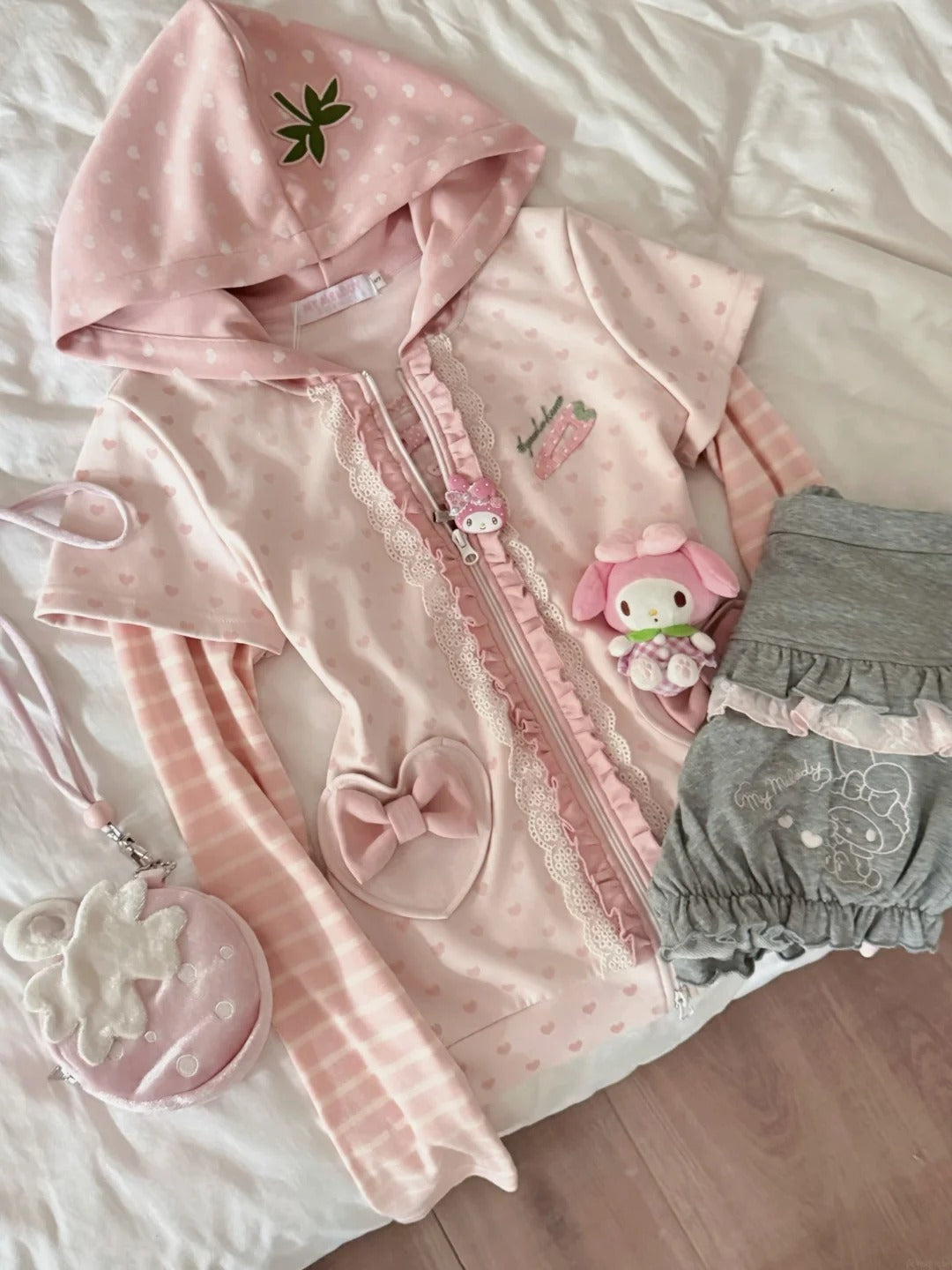 KYOUKO - Pink Hooded Zip-Up Jacket & Gray Ruffle Pants Set