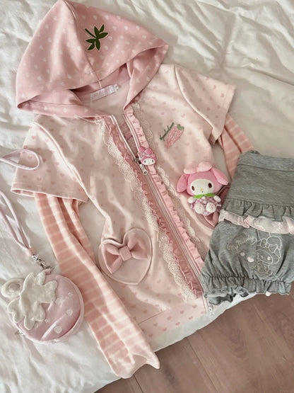 KYOUKO - Pink Hooded Zip-Up Jacket & Gray Ruffle Pants Set