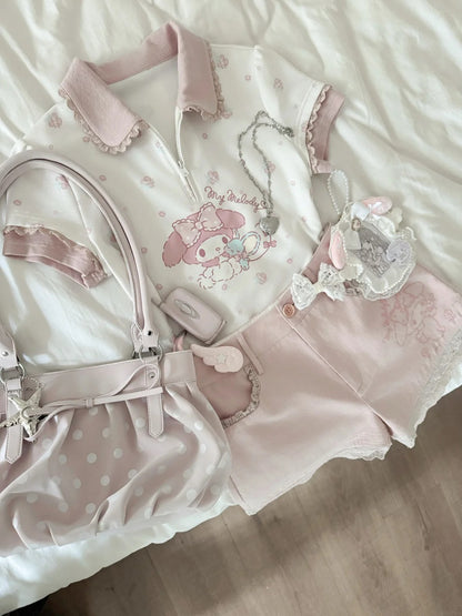 “Melody Blossom” Pink Floral Polo & Layered Skort Set