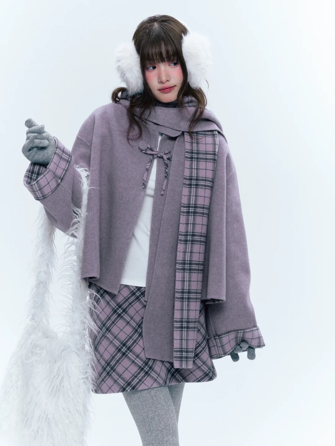 CREAMO2奶油氧气 - Soft Mauve Reversible Plaid Wool Cape Coat Set