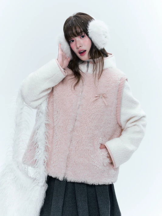 CREAMO2奶油氧气 - Pink & White Faux-Layered Teddy Padded Jacket