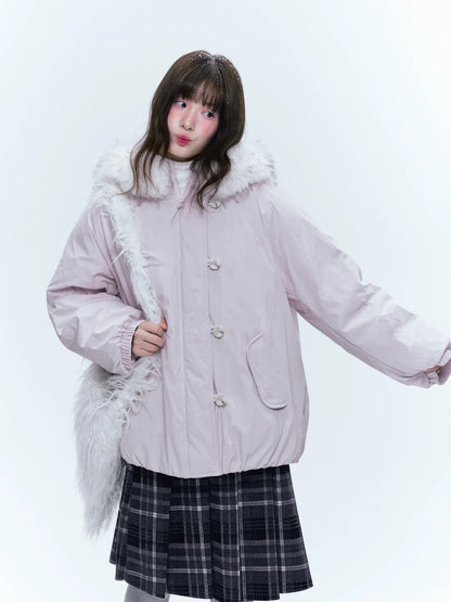 CREAMO2奶油氧气 - Soft Pink-Purple Detachable Fur Hooded Down Jacket