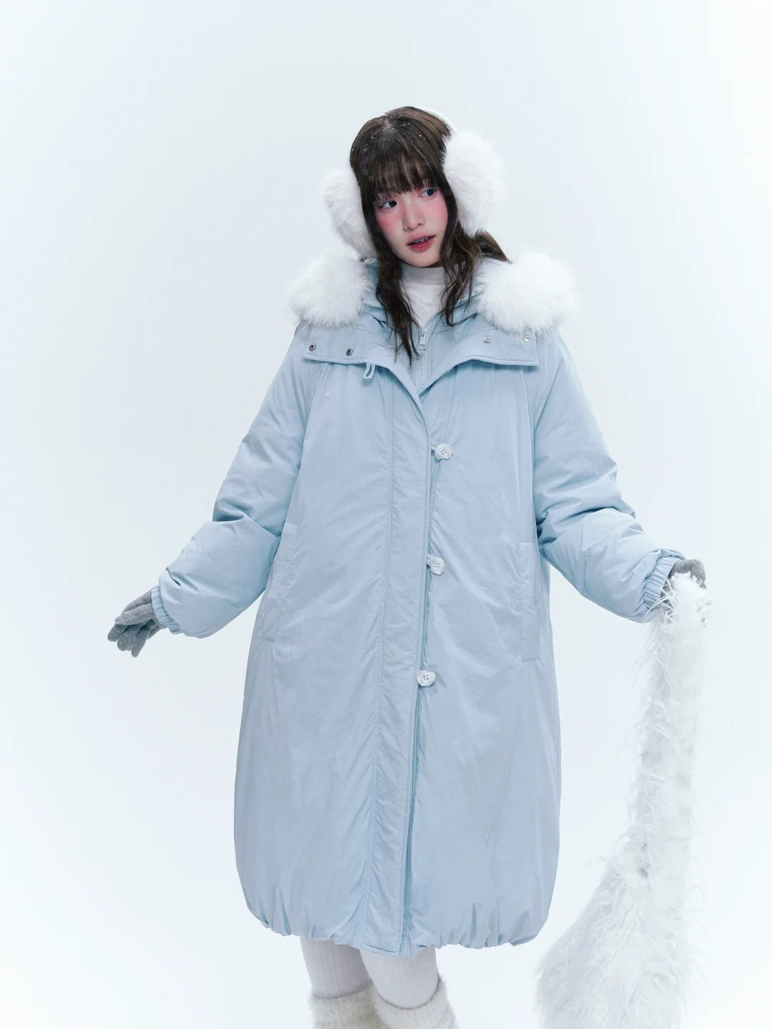 CREAMO2奶油氧气 - Milk Mist Blue Faux-Layered Mid-Length Down Puffer Coat