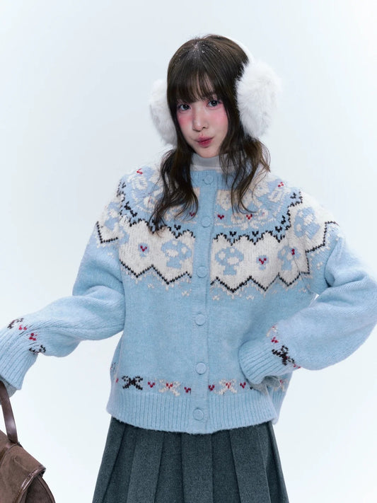 CREAMO2奶油氧气 - Soft Blue Fair Isle Raglan Knit Sweater