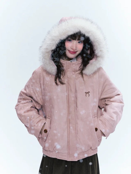 CREAMO2奶油氧气 - Misty Pink Sweet-Cool Detachable Fur-Trim Hooded Puffer Jacket