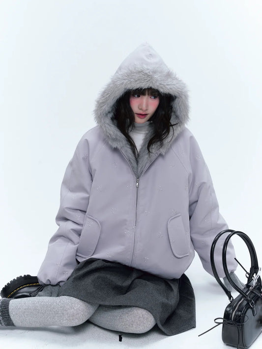 CREAMO2奶油氧气 - Soft Lilac Bow-Embroidered Eco Fur Puffer Jacket
