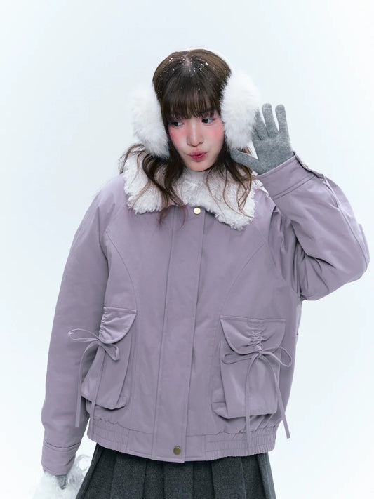 CREAMO2奶油氧气 - Taro Gray-Purple Detachable Shearling-Collar Retro Padded Jacket