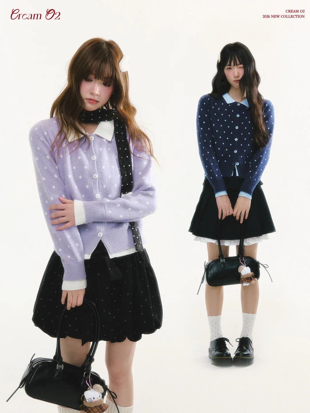 CREAMO2 - Polka Dot Knit Cardigan with Contrast Collar (Purple / Navy)