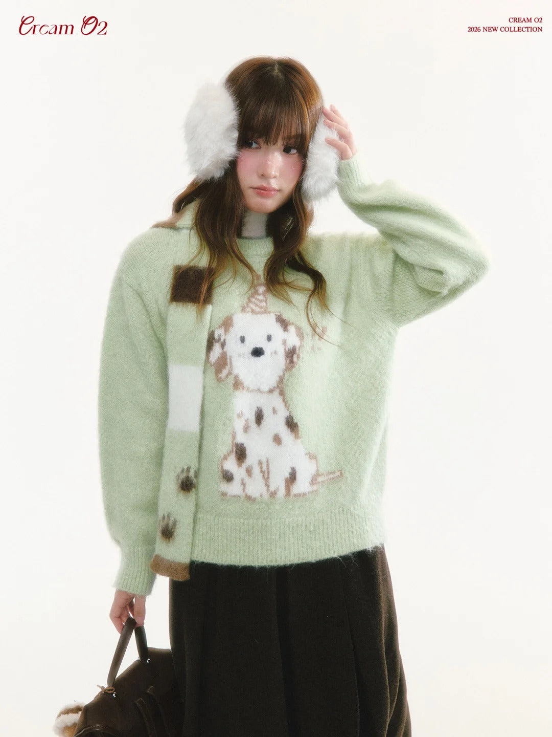 CREAMO2 - Spotted Dog Jacquard Crewneck Sweater (With Scarf)