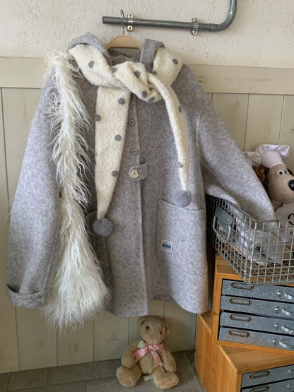 BIBIBENCY - Gray Wool-Blend Single-Breasted Coat (With White Scarf)