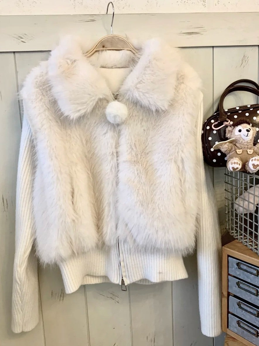 BIBIBENCY - Ivory Faux Fur Vest with Knit Sleeves