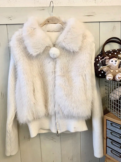 BIBIBENCY - Ivory Faux Fur Vest with Knit Sleeves