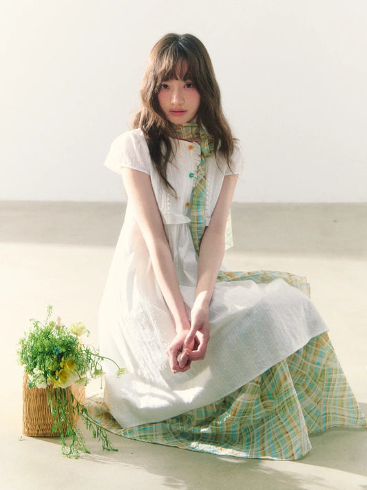 罐头粪便 - White Puff-Sleeve Dress + Forest Plaid Contrast Skirt
