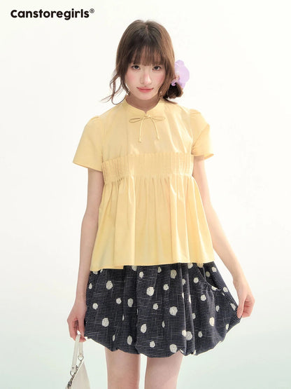 Butter Yellow Pleated Puff Sleeve Blouse WW2026069