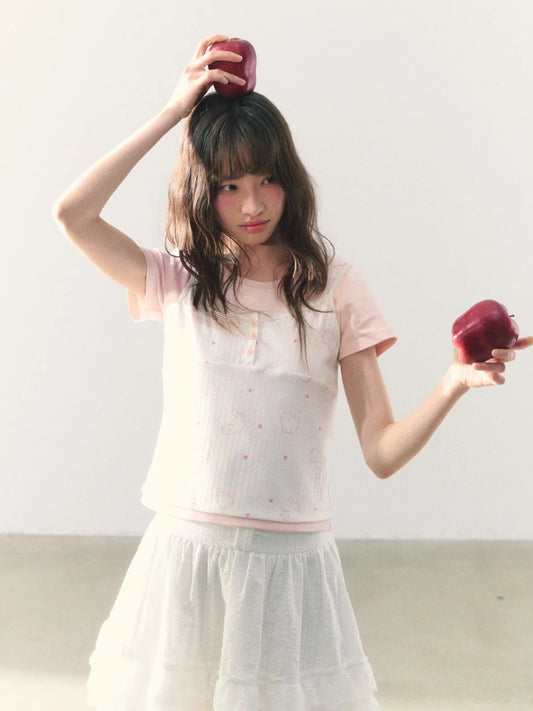 罐头粪便 - Cute Cat Print Colorblock Tank Top + Knit T-Shirt Two-Piece Set