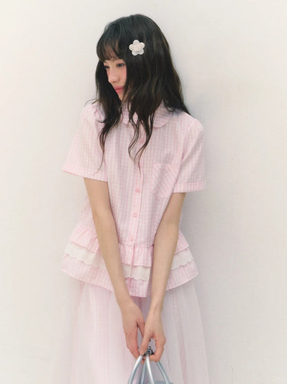 罐头士多所 - 樱绯雨 Pink Gingham Lace Shirt & Tulle-Accented Skirt Set