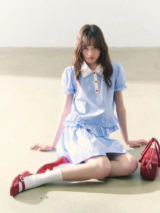 罐头士多所 - "Alice Formula" Light Blue Puff Sleeve Peter Pan Collar Blouse + Skirt Set